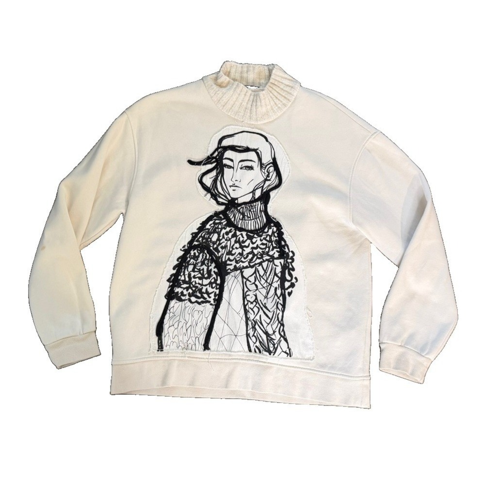 ZARA Womens M Graphic Sweatshirt Fashion Girl Applique Mock Neck Cream Art